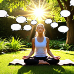 **

A serene person meditating in a peaceful garden, sunlight filtering through the leaves. Thought bubbles radiate from their head, showing both positive and negative self-talk phrases like "I can do this!" and "I'm not good enough." Emphasize a sense of calm and self-awareness. Keywords: mindfulness, meditation, inner peace, self-reflection, positive affirmations, overcoming negativity.

**