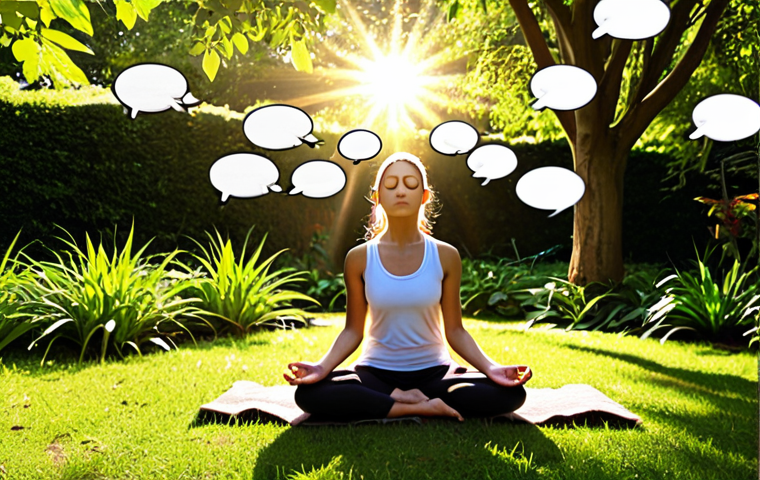 **
A serene person meditating in a peaceful garden, sunlight filtering through the leaves. Thought bubbles radiate from their head, showing both positive and negative self-talk phrases like "I can do this!" and "I'm not good enough." Emphasize a sense of calm and self-awareness. Keywords: mindfulness, meditation, inner peace, self-reflection, positive affirmations, overcoming negativity.
**
