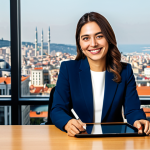 **

A professional businesswoman in a modest, navy blue business suit, sitting at a large desk in a bright, modern office with large windows overlooking Istanbul's skyline. She is holding a tablet and smiling confidently. Fully clothed, appropriate attire, safe for work, perfect anatomy, natural proportions, professional photography, high quality.

**