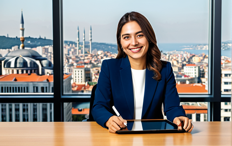 **

A professional businesswoman in a modest, navy blue business suit, sitting at a large desk in a bright, modern office with large windows overlooking Istanbul's skyline. She is holding a tablet and smiling confidently. Fully clothed, appropriate attire, safe for work, perfect anatomy, natural proportions, professional photography, high quality.

**