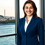 **

A professional Turkish businesswoman in a modest business suit, smiling warmly, standing in a modern office in Istanbul with the Bosphorus visible through the window. Fully clothed, appropriate attire, safe for work, perfect anatomy, natural proportions, professional photography, high quality, bright and optimistic lighting.

**