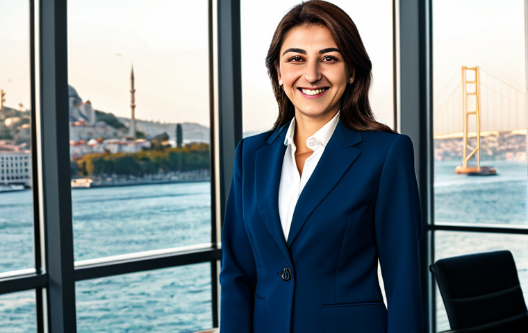 **

A professional Turkish businesswoman in a modest business suit, smiling warmly, standing in a modern office in Istanbul with the Bosphorus visible through the window. Fully clothed, appropriate attire, safe for work, perfect anatomy, natural proportions, professional photography, high quality, bright and optimistic lighting.

**